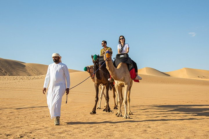 Experience the vast expanse of Dubai's golden sands as professional drivers guide you on an unforgettable camel ride through stunning desert landscapes showcasing the beauty of this unique environment.